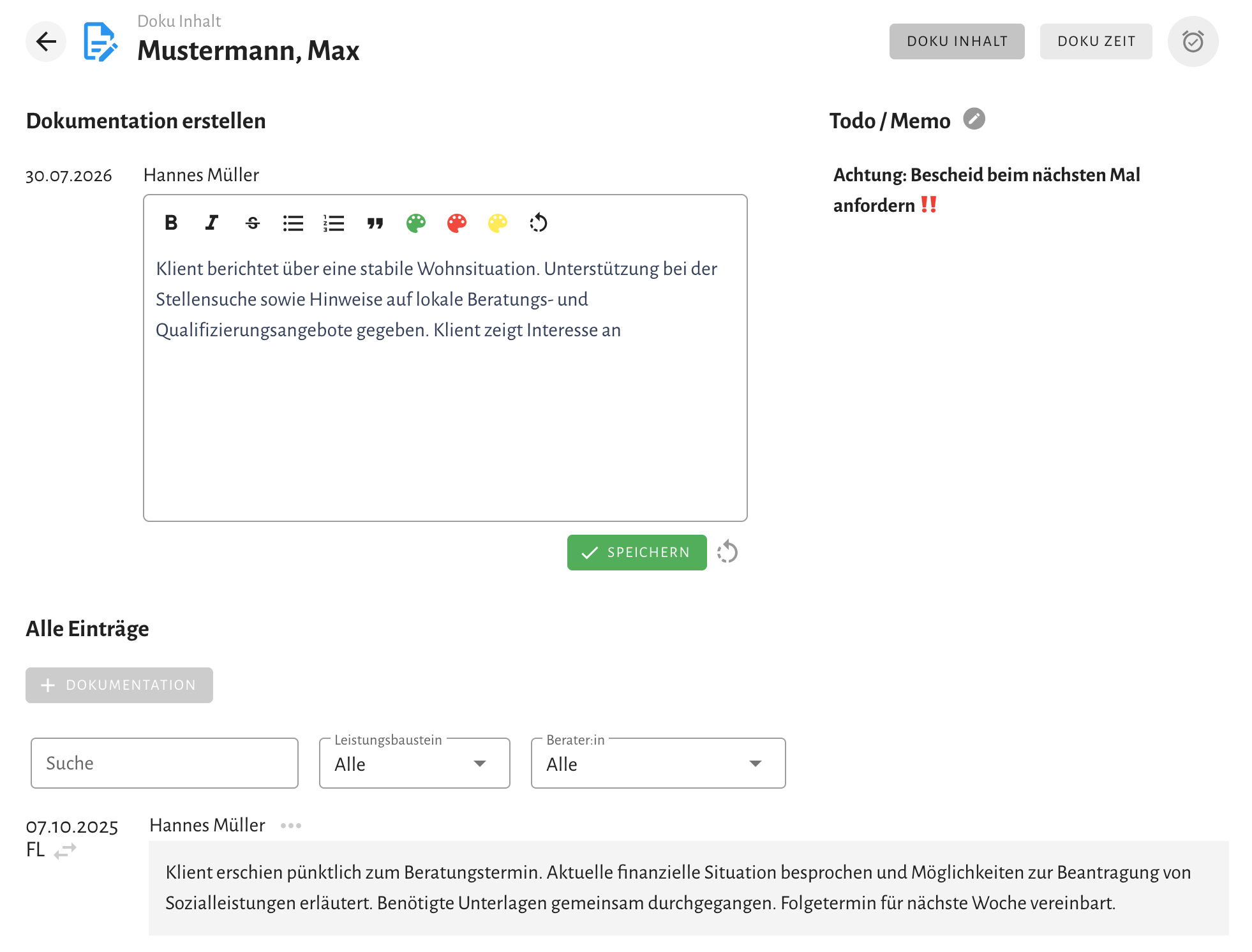 Screenshot der Falldokumentation in sozialog: Texteditor für einen neuen Dokumentationseintrag, ein Todo/Memo-Bereich sowie eine chronologische Liste bisheriger Einträge