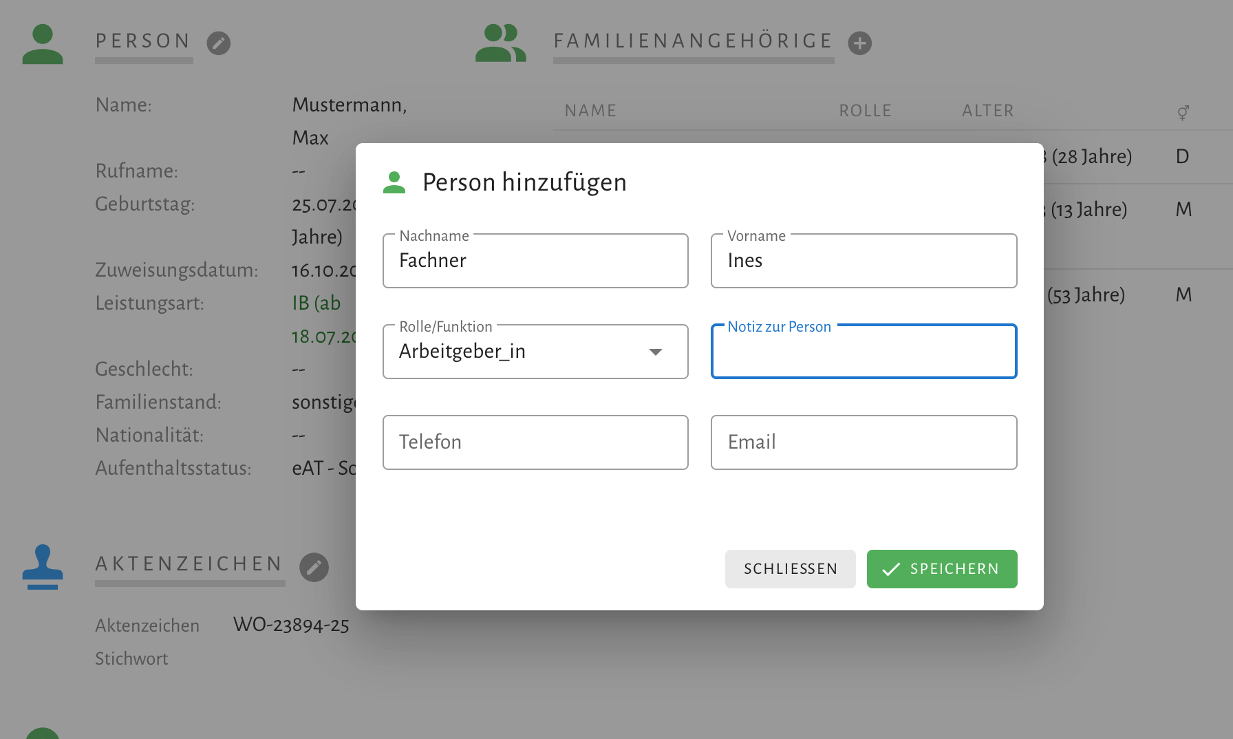 Screenshot eines Dialogs in sozialog zum Hinzufügen einer externen Person mit Rolle/Funktion, Kontaktdaten und Notizfeld